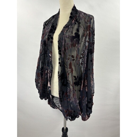 Akemi & Kin Kimono Overpiece Duster Black Purple O/S Burnout Velvet Sheer - Picture 2 of 6